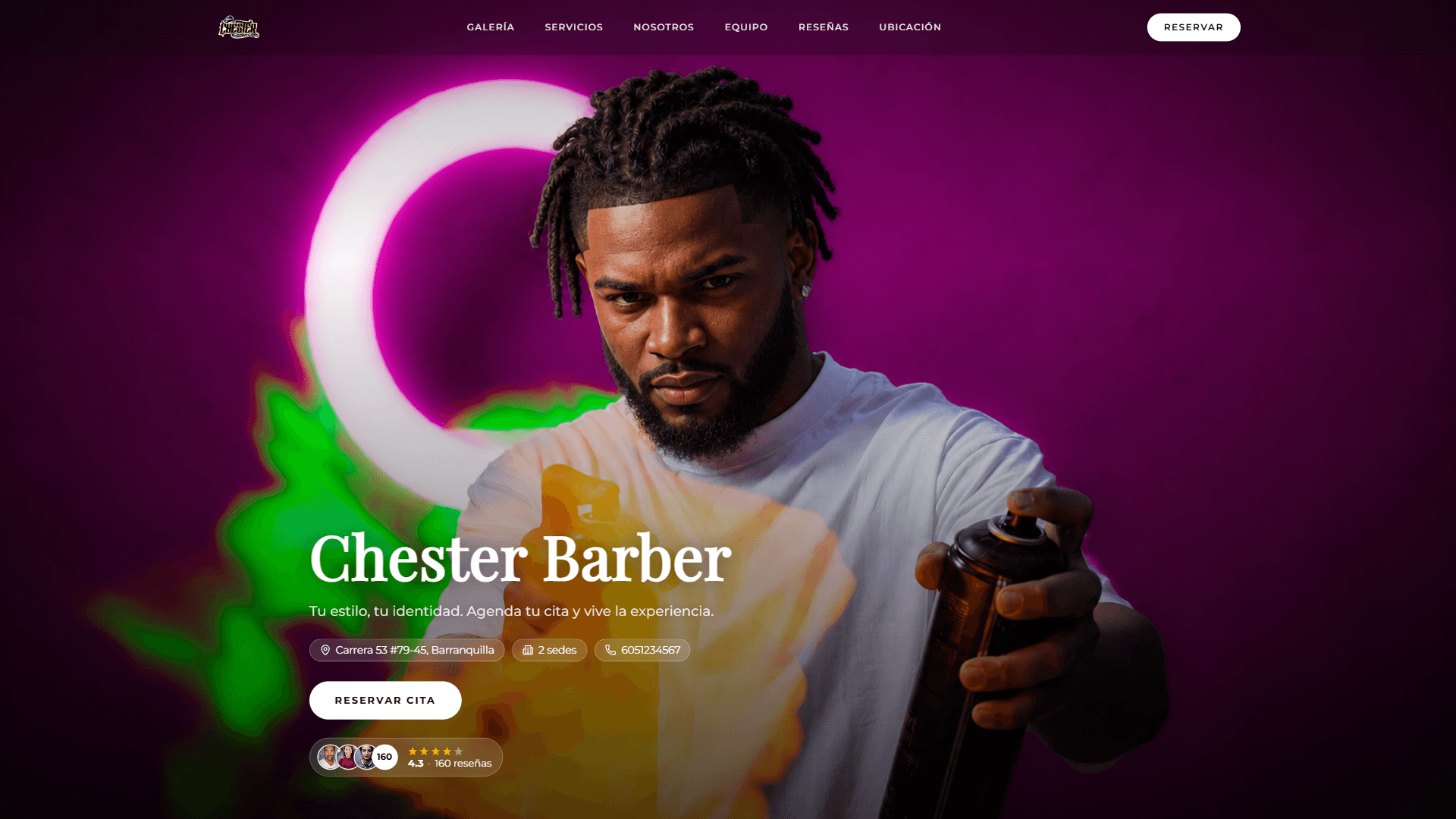 La página de reservas de Chester Barber hecha con Cuppo: su logo, su foto, su dirección y sus 495 reseñas.